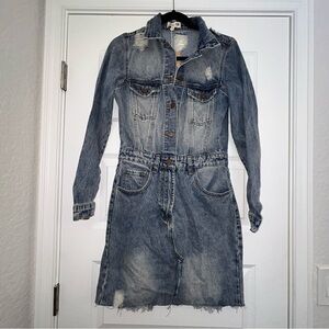 New, Malibu Bum Long Sleeve Button Front Distressed Denim Dress